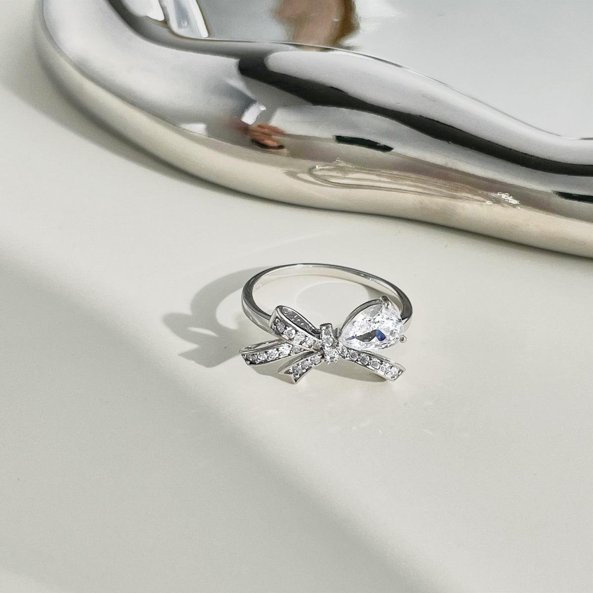 Flydeer 0.5CT Pear Cut Bow-Knot Engagement Promise Ring DY120926-S-W-WH