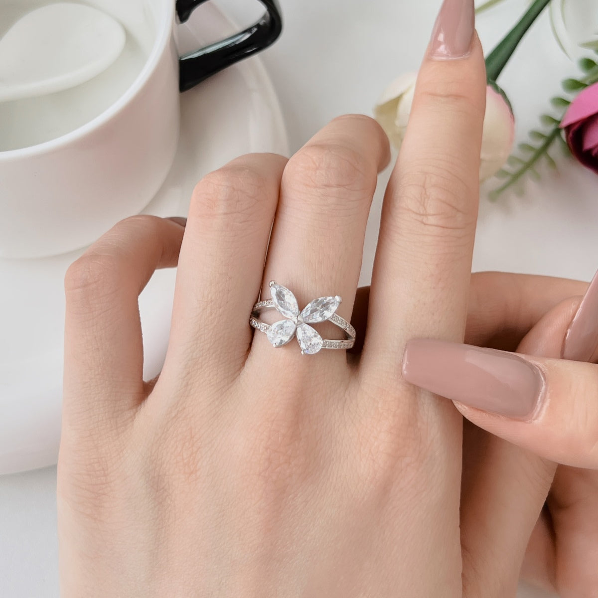 Flydeer 0.5CT Pear and Marquise-Cut Butterfly Shaped Eternity Ring DY120713-S-W-WH