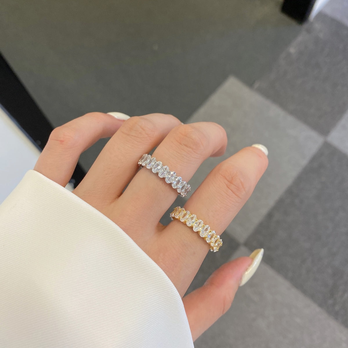 Flydeer Full Rows Oval Cut Stackable Wedding Ring NE120338-S-W-WH