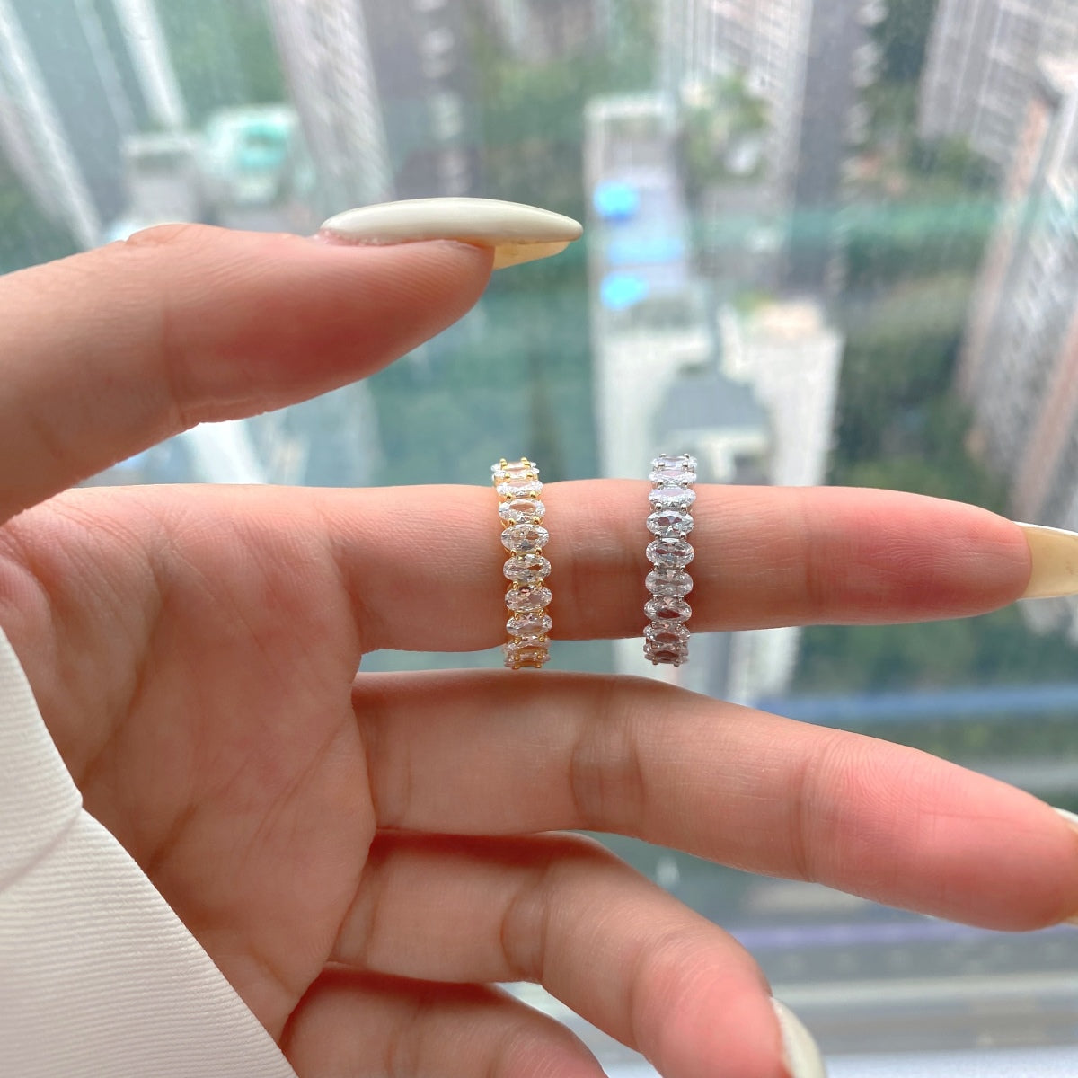 Flydeer Full Rows Oval Cut Stackable Wedding Ring NE120338-S-W-WH