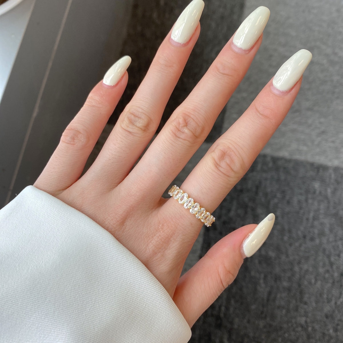 Flydeer Full Rows Oval Cut Stackable Wedding Ring NE120338-S-W-WH