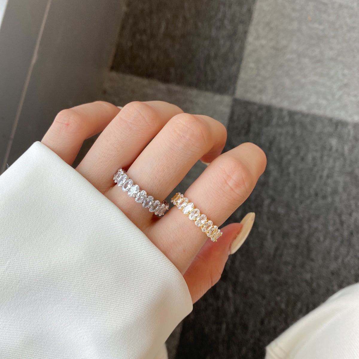 Flydeer Full Rows Oval Cut Stackable Wedding Ring NE120338-S-W-WH