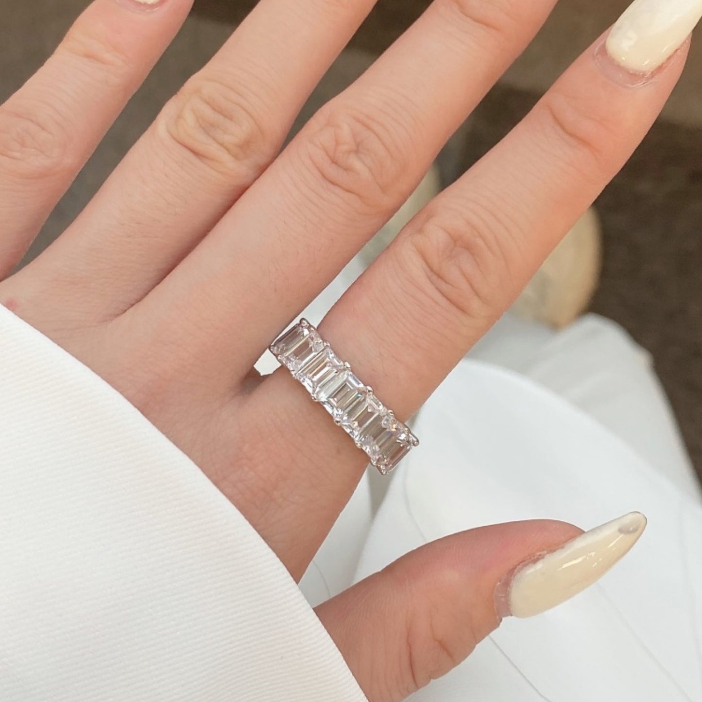 Flydeer Engagement Wedding Rings for Women 925 Sterling Silver 5A CZ Emerald Cut Wedding Band for Women Eternity Rectangle Stacking Ring for Her Size 5-9