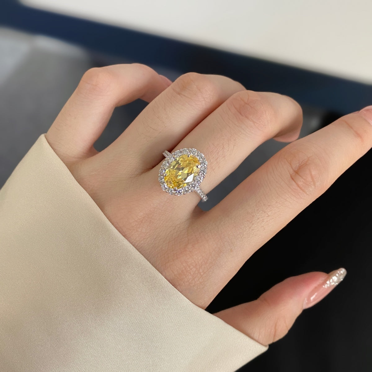 Flydeer Halo 3CT Oval Engagement Ring Wedding Ring DY120168-S-W-WH