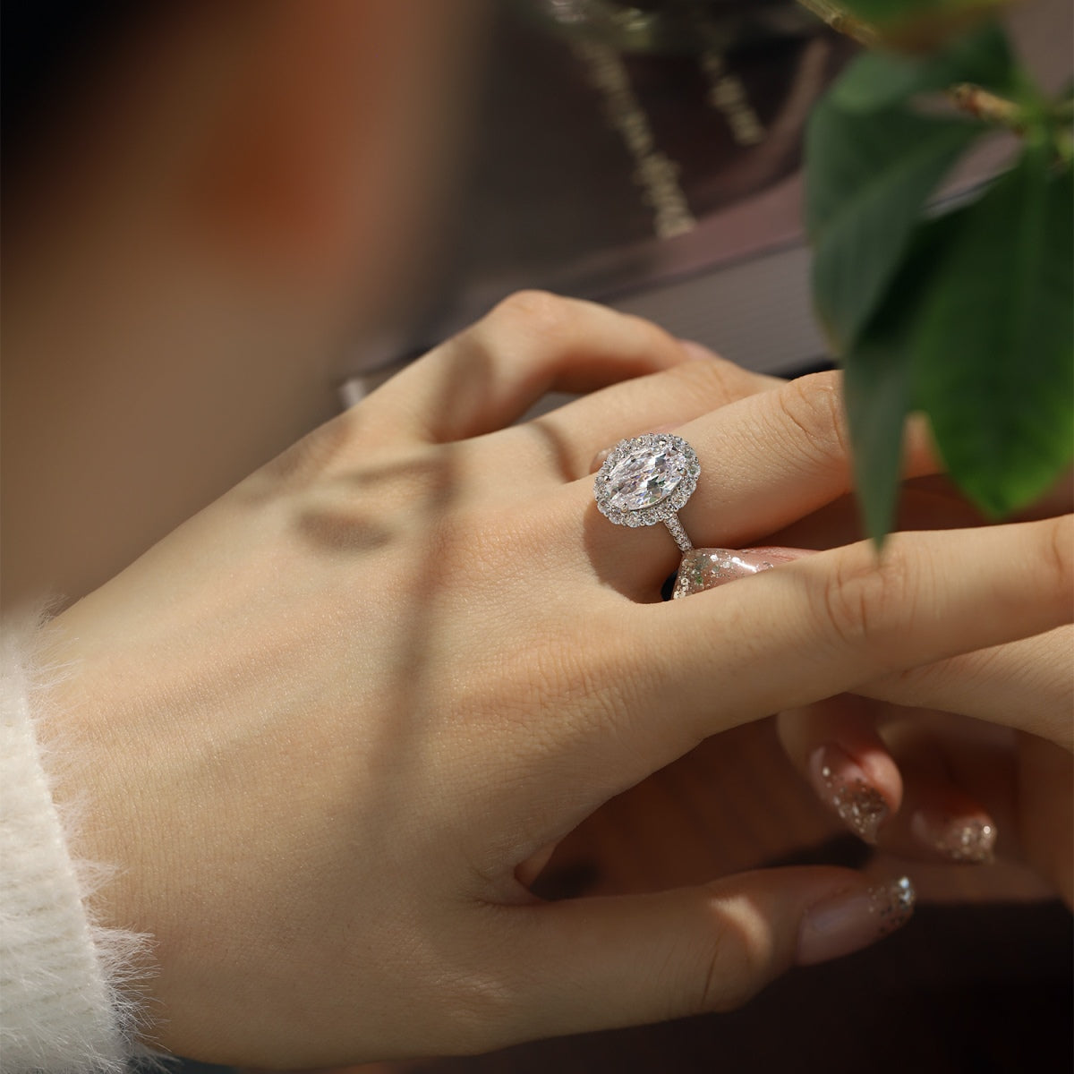 Flydeer Halo 3CT Oval Engagement Ring Wedding Ring DY120168-S-W-WH