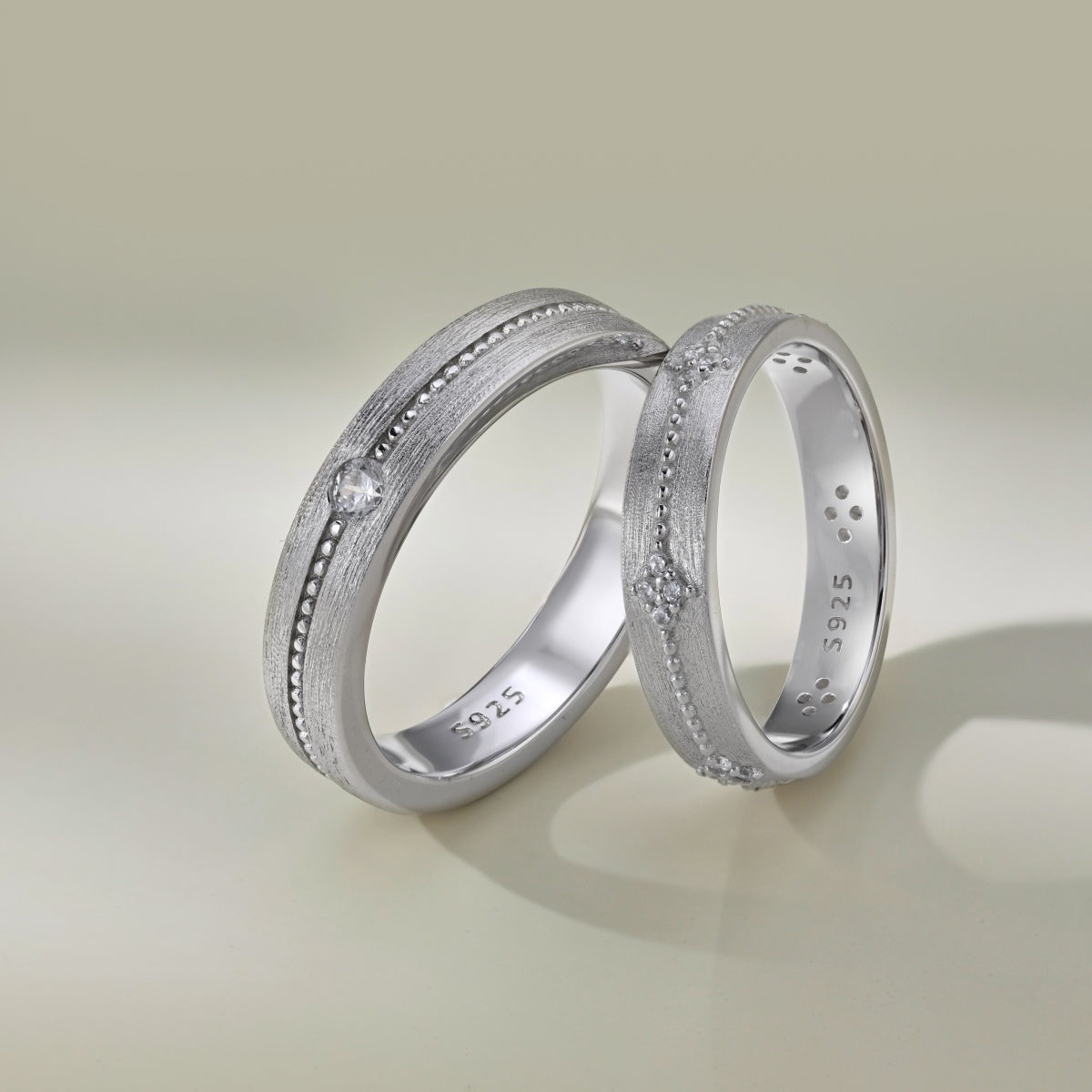 Flydeer Wedding Matching Couple Rings for Women - 925 Sterling Silver Zirconia Flower Design & Beaded Matte-Brushed Finish Lover Ring for Her Silver Size 5-8