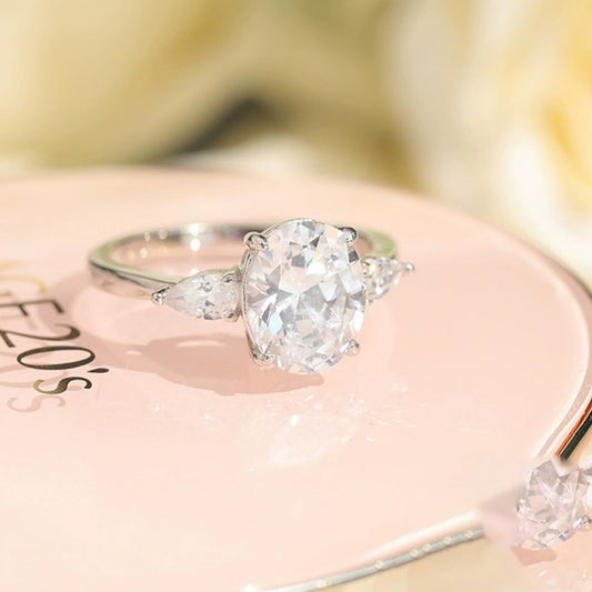 Flydeer Engagement Rings for Woman 925 Sterling Silver Oval Pear Cut Three Stone Wedding Rings 3CT 5A CZ Anniversary Size 5-10