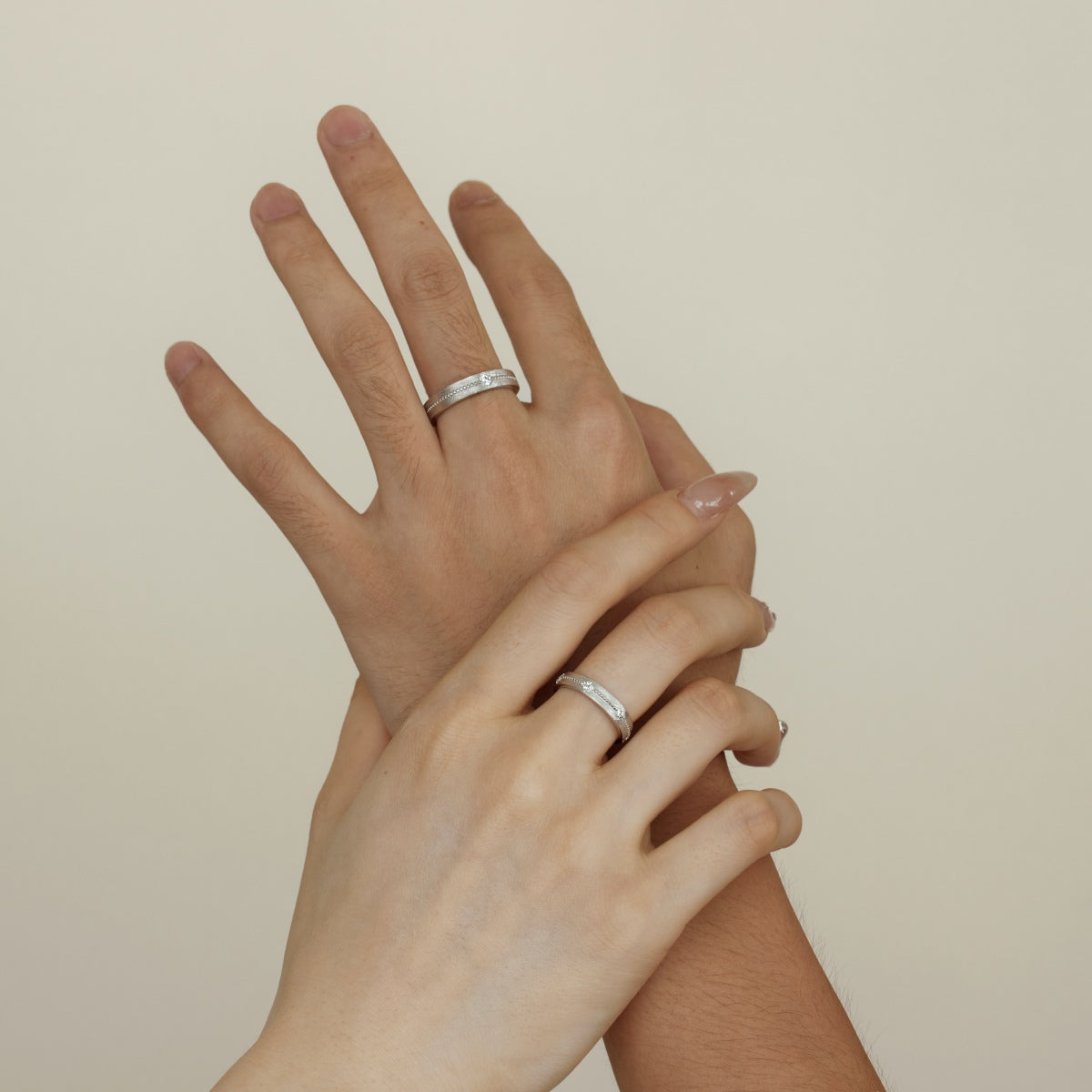 Flydeer Wedding Matching Couple's Band for Men - Solitaire Zirconia with Beaded Around, 925 Sterling Silver Matte-Brushed Finish Lover Ring for His Silver Size 7-12