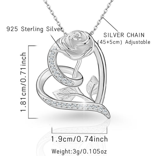 Flydeer Necklaces for Women 925 Sterling Silver Rose Flower Heart Pendant Necklace 5A CZ Valentines Jewelry Gifts for Women