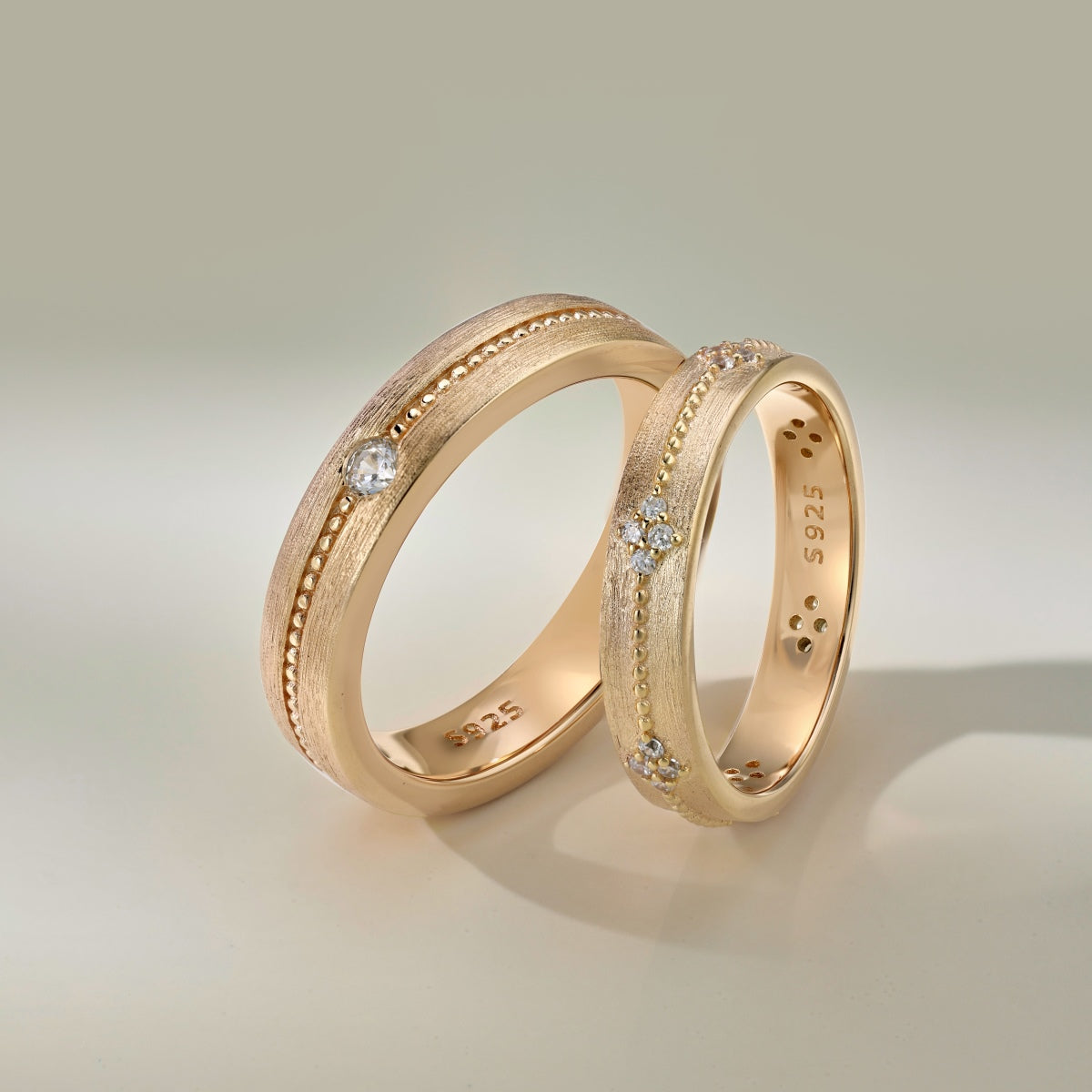 Flydeer Wedding Matching Couple's Band for Men - Solitaire Zirconia with Beaded Around, 925 Sterling Silver Matte-Brushed Finish Lover Ring for His Silver Size 7-12