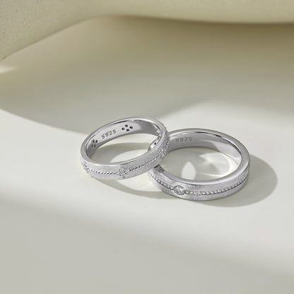 Flydeer Wedding Matching Couple Rings for Women - 925 Sterling Silver Zirconia Flower Design & Beaded Matte-Brushed Finish Lover Ring for Her Silver Size 5-8