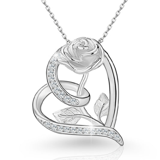 Flydeer Necklaces for Women 925 Sterling Silver Rose Flower Heart Pendant Necklace 5A CZ Valentines Jewelry Gifts for Women