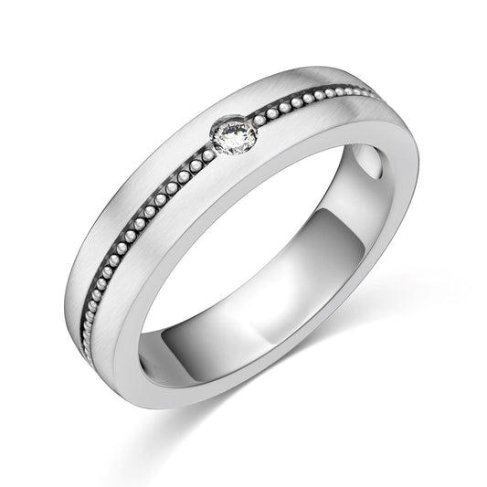 Flydeer Wedding Matching Couple's Band for Men - Solitaire Zirconia with Beaded Around, 925 Sterling Silver Matte-Brushed Finish Lover Ring for His Silver Size 7-12