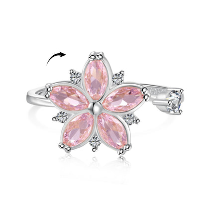 Flydeer 0.25CT Pink Marquise Rotating Floral Adjustable Ring Spinner Stress-Relief Ring DY120853-S-W-BF