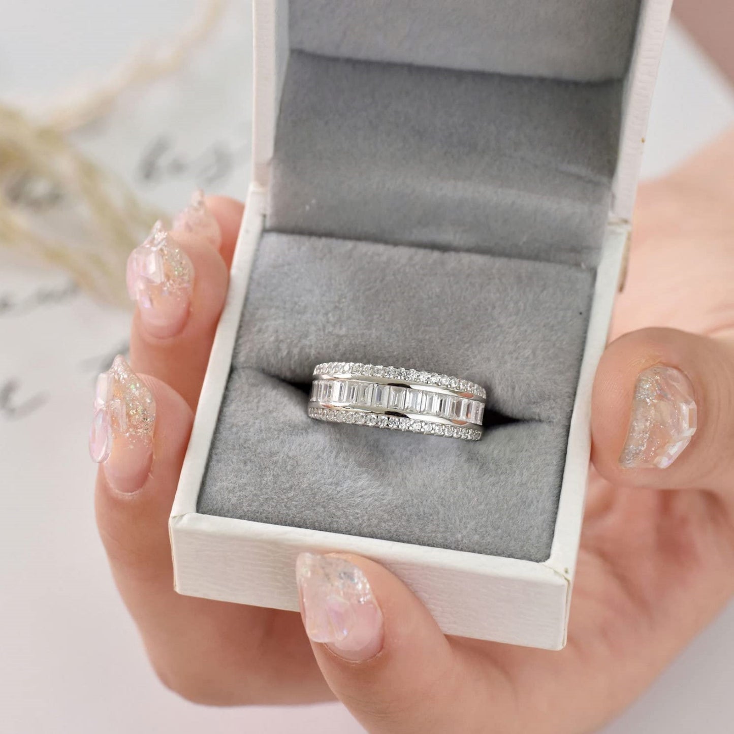 Flydeer Wedding Band for Women Baguette 925 Sterling Silver 5A Cubic Zirconia Eternity Wedding Anniversary Band for Her Size 5-9