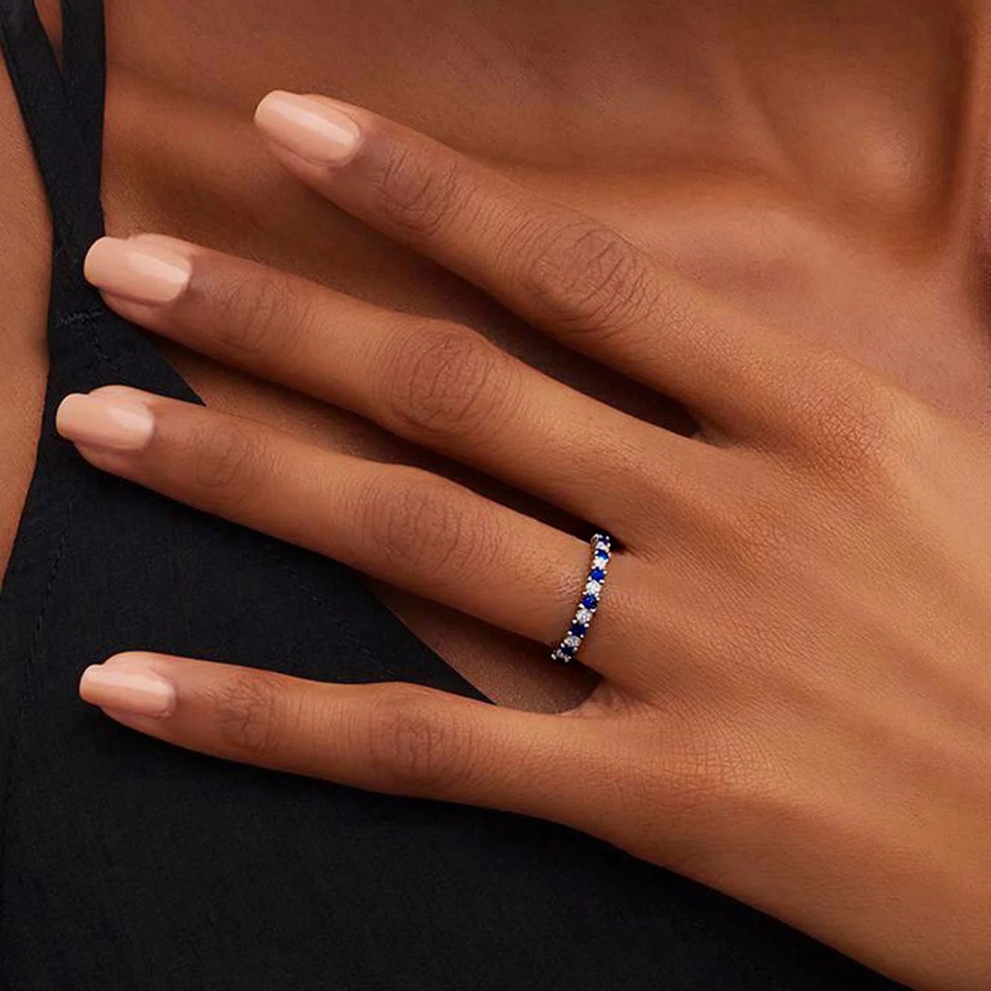 Flydeer Wedding Band for Women 925 Sterling Silver Round Cut 5A CZ Full Eternity Stackable Engagement Ring Blue Sapphire Size 6-9