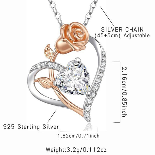 Flydeer Necklaces for Women 925 Sterling Silver Two-Tone Rose Heart Pendant Necklace 5A CZ Jewelry Gifts for Women