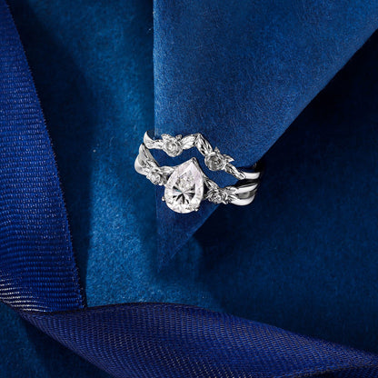 Flydeer Wedding Rings for Women 925 Sterling Silver Floral Flower Promise Rings Pear Cut 5A CZ Size 5-10