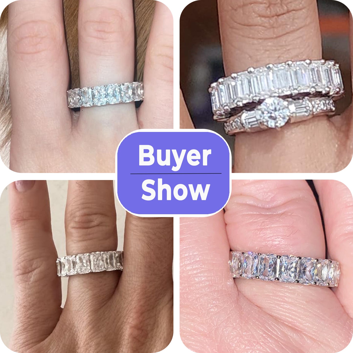 Flydeer Engagement Wedding Rings for Women 925 Sterling Silver 5A CZ Emerald Cut Wedding Band for Women Eternity Rectangle Stacking Ring for Her Size 5-9