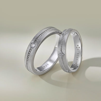 Flydeer Wedding Matching Couple's Band for Men - Solitaire Zirconia with Beaded Around, 925 Sterling Silver Matte-Brushed Finish Lover Ring for His Silver Size 7-12