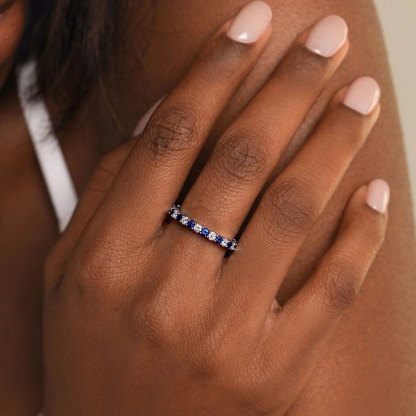 Flydeer Wedding Band for Women 925 Sterling Silver Round Cut 5A CZ Full Eternity Stackable Engagement Ring Blue Sapphire Size 6-9