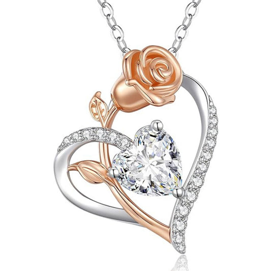Flydeer Necklaces for Women 925 Sterling Silver Two-Tone Rose Heart Pendant Necklace 5A CZ Jewelry Gifts for Women