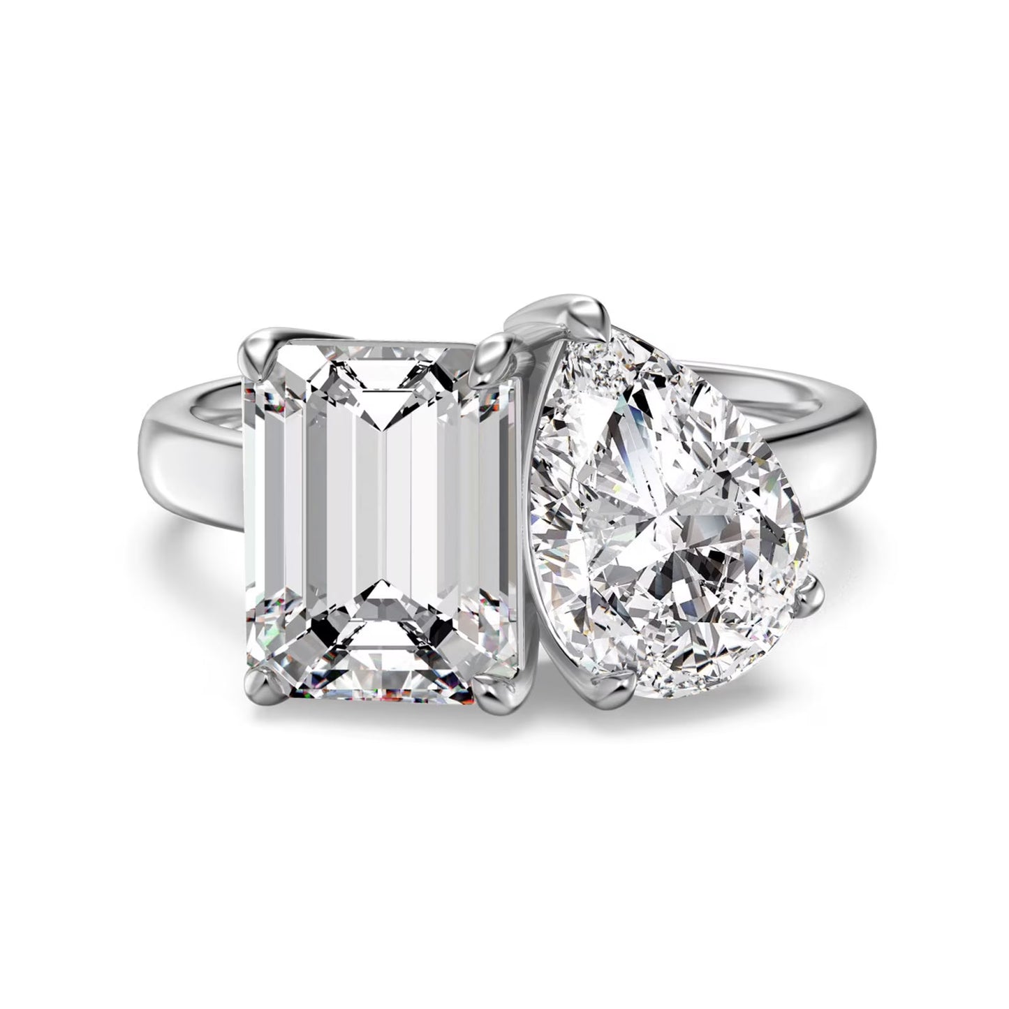 Flydeer Engagement Rings for Women 925 Sterling Silver Toi Et Moi Emerald & Pear Cut Wedding Ring 5A CZ Two Stone Ring for Her Size 5-9