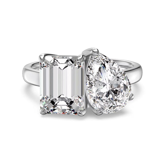 Flydeer Engagement Rings for Women 925 Sterling Silver Toi Et Moi Emerald & Pear Cut Wedding Ring 5A CZ Two Stone Ring for Her Size 5-9