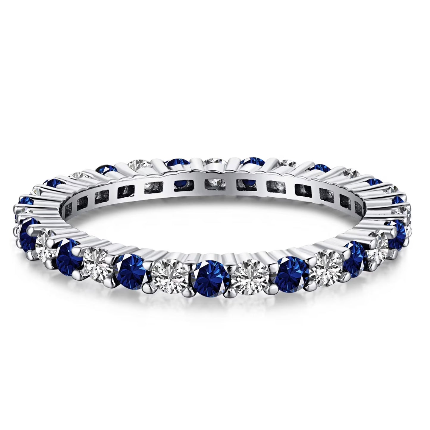Flydeer Wedding Band for Women 925 Sterling Silver Round Cut 5A CZ Full Eternity Stackable Engagement Ring Blue Sapphire Size 6-9