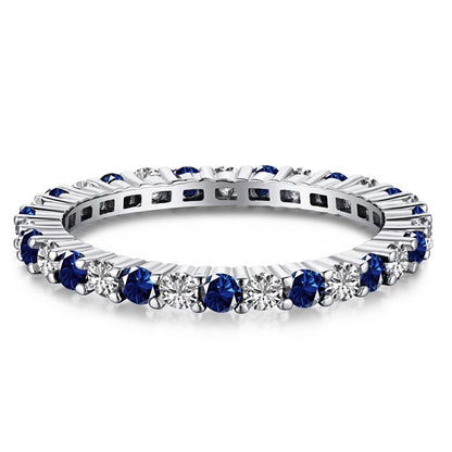 Flydeer Wedding Band for Women 925 Sterling Silver Round Cut 5A CZ Full Eternity Stackable Engagement Ring Blue Sapphire Size 6-9