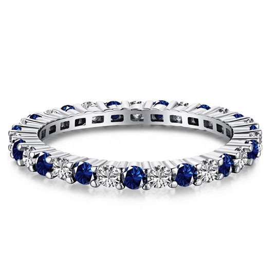 Flydeer Wedding Band for Women 925 Sterling Silver Round Cut 5A CZ Full Eternity Stackable Engagement Ring Blue Sapphire Size 6-9