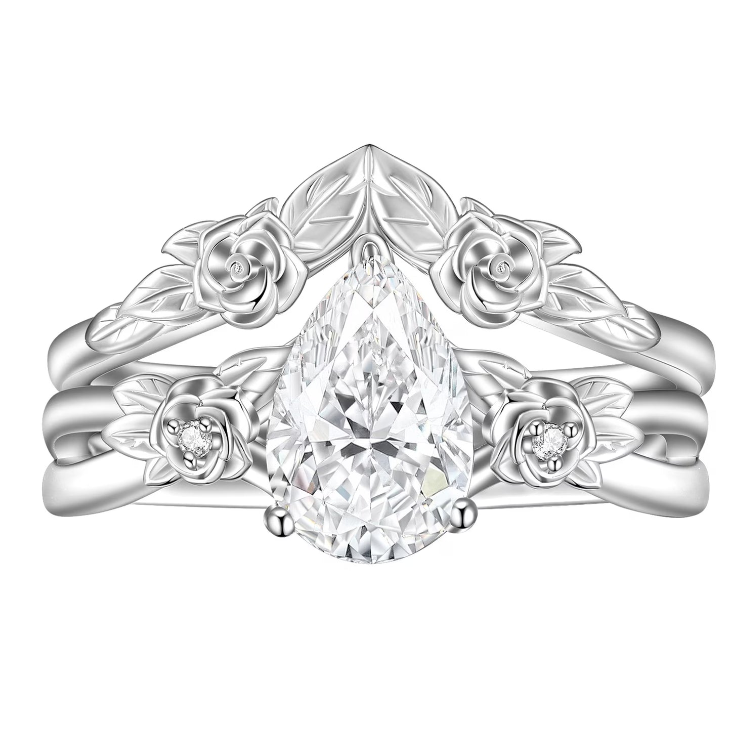 Flydeer Wedding Rings for Women 925 Sterling Silver Floral Flower Promise Rings Pear Cut 5A CZ Size 5-10