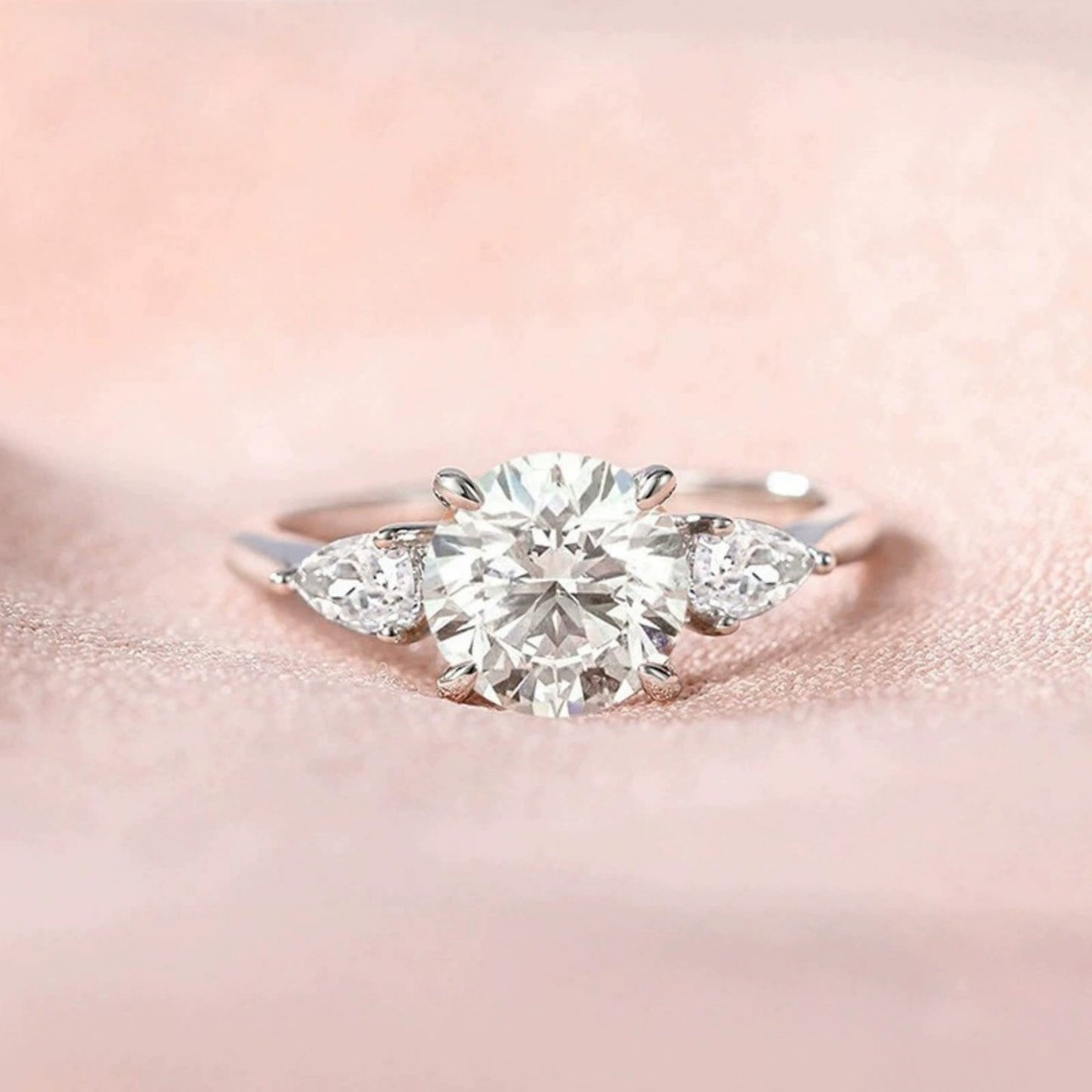 Flydeer Engagement Rings for Woman 925 Sterling Silver Round Pear Cut Three Stone Wedding Rings 2CT 5A CZ Size 5-10