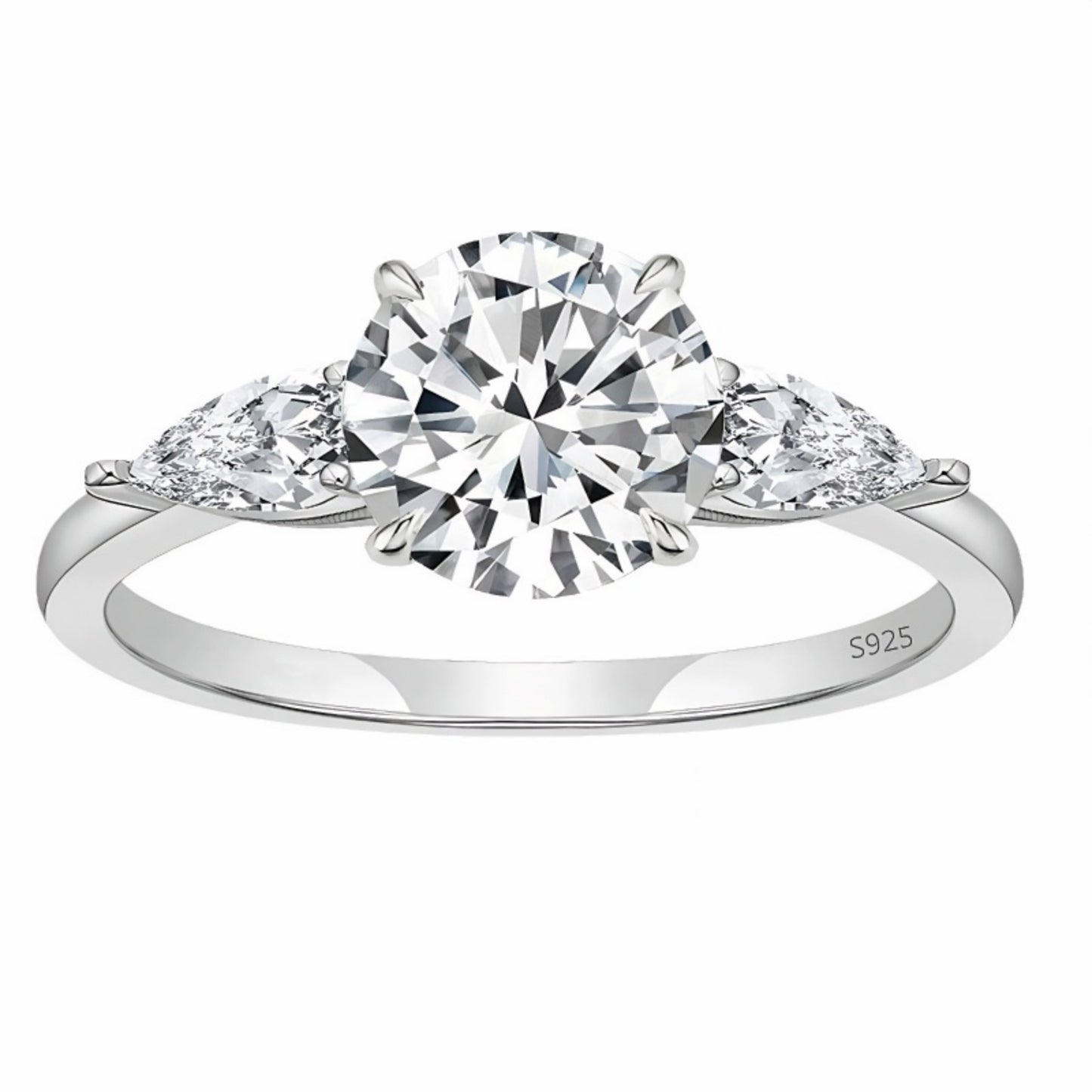 Flydeer Engagement Rings for Woman 925 Sterling Silver Round Pear Cut Three Stone Wedding Rings 2CT 5A CZ Size 5-10