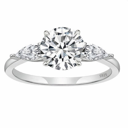Flydeer Engagement Rings for Woman 925 Sterling Silver Round Pear Cut Three Stone Wedding Rings 2CT 5A CZ Size 5-10