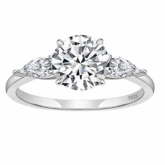 Flydeer Engagement Rings for Woman 925 Sterling Silver Round Pear Cut Three Stone Wedding Rings 2CT 5A CZ Size 5-10
