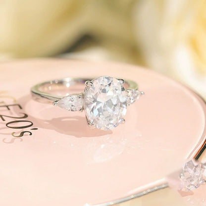 Flydeer Engagement Rings for Woman 925 Sterling Silver Oval Pear Cut Three Stone Wedding Rings 3CT 5A CZ Anniversary Size 5-10