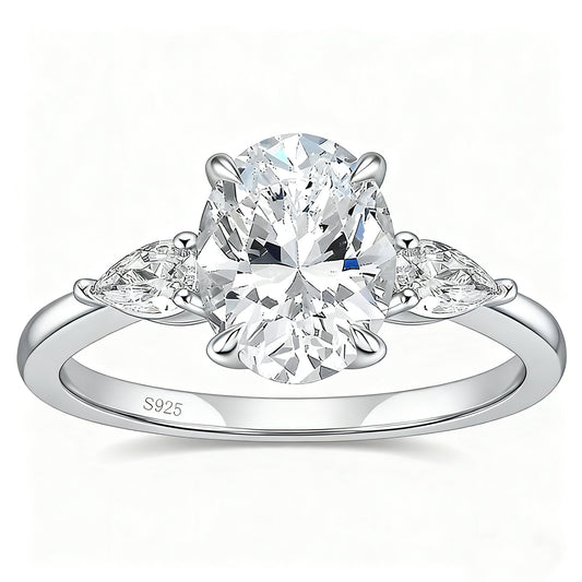 Flydeer Engagement Rings for Woman 925 Sterling Silver Oval Pear Cut Three Stone Wedding Rings 3CT 5A CZ Anniversary Size 5-10