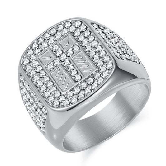 Flydeer Rings for Men Titanium Steel Hip Hop Iced Out Rings Men Rings Cross Rings Bling Religious Jewelry Size 8-12