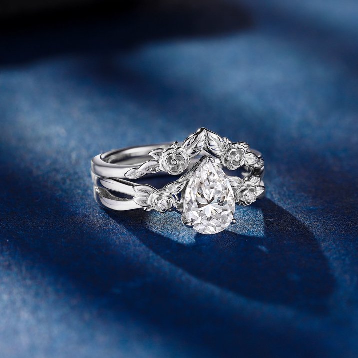 Flydeer Wedding Rings for Women 925 Sterling Silver Floral Flower Promise Rings Pear Cut 5A CZ Size 5-10