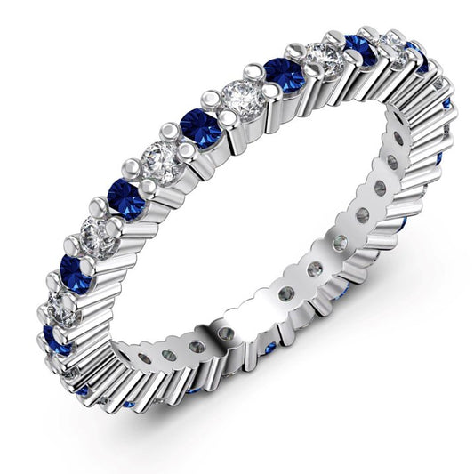 Flydeer Wedding Band for Women 925 Sterling Silver Round Cut 5A CZ Full Eternity Stackable Engagement Ring Blue Sapphire Size 6-9
