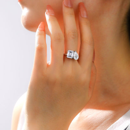 Flydeer Engagement Rings for Women 925 Sterling Silver Toi Et Moi Emerald & Pear Cut Wedding Ring 5A CZ Two Stone Ring for Her Size 5-9